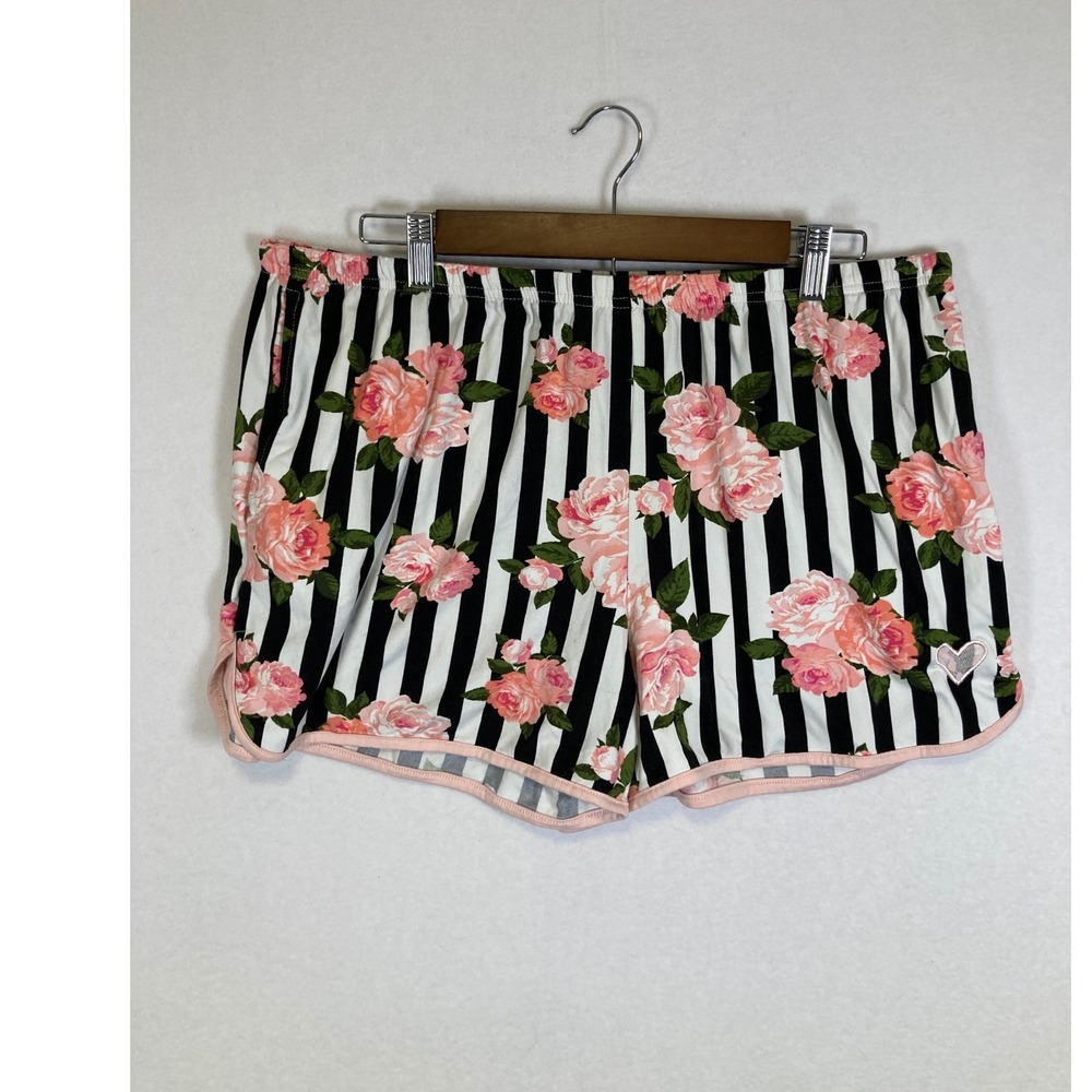 Floral Stripe Betsey Johnson‎ Women Large Pink Black White Pajama Shorts Heart